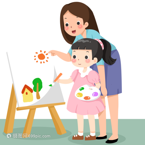 手繪卡通上美術輔導班的小女孩